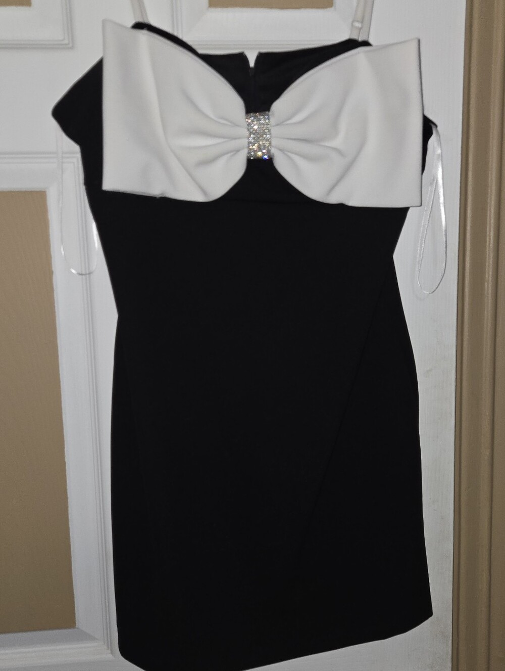 BCX Black Strapless Dress with White Bow and Rhinestone Accent